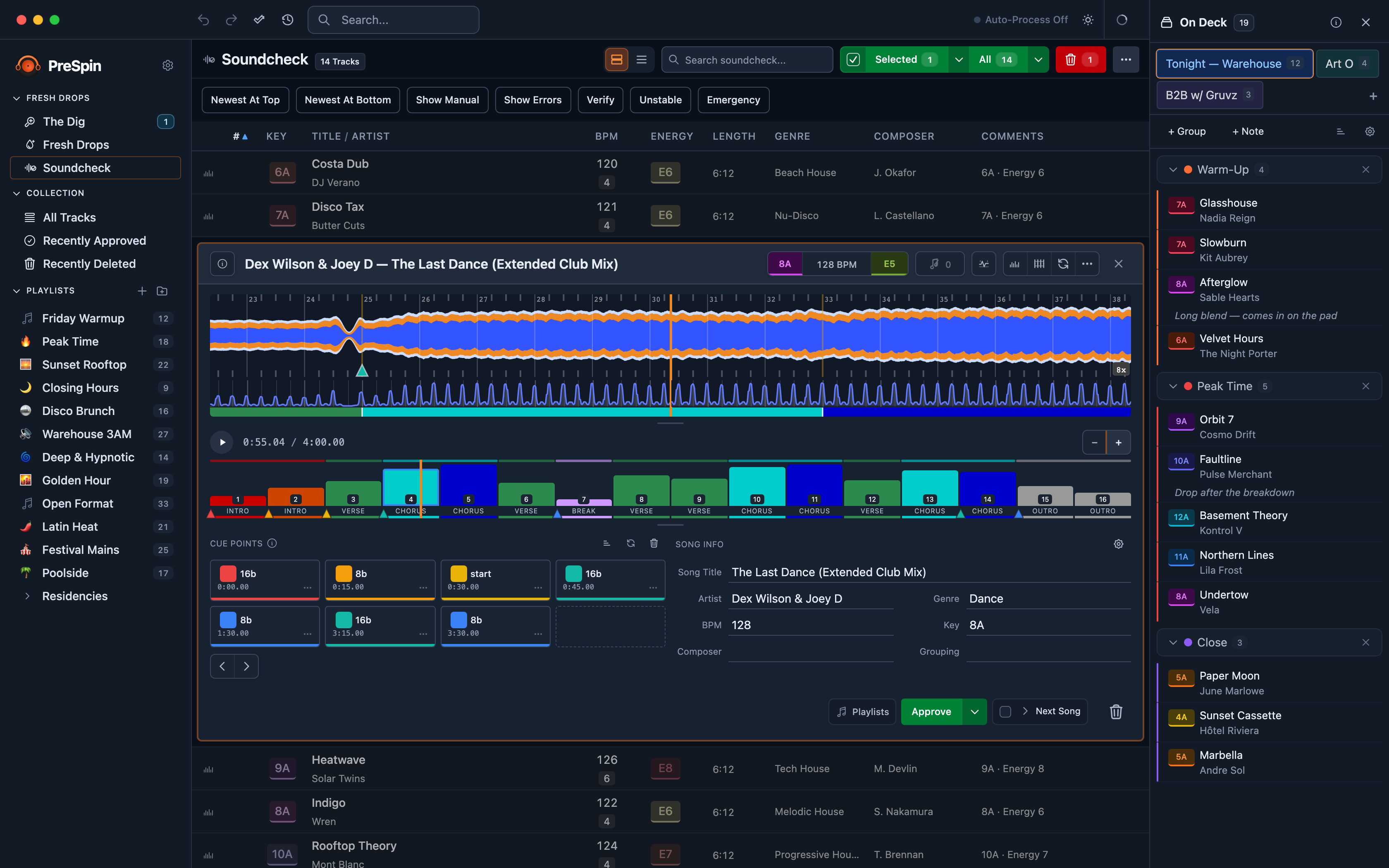 PreSpin Soundcheck — track analysis with waveform and cue points, the On Deck set planner open alongside